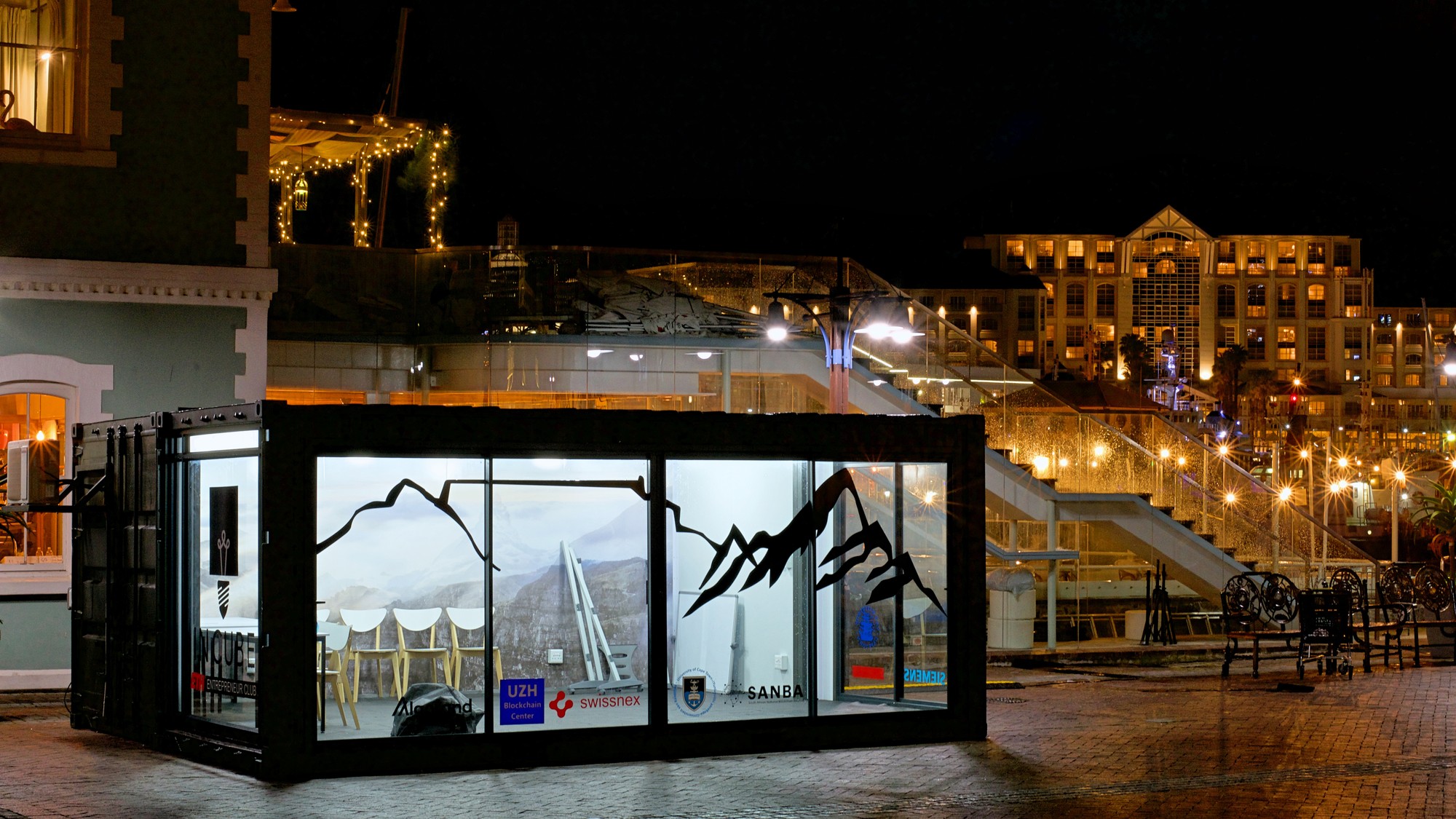 The InCube based at the V&A Waterfront in Cape Town at night.