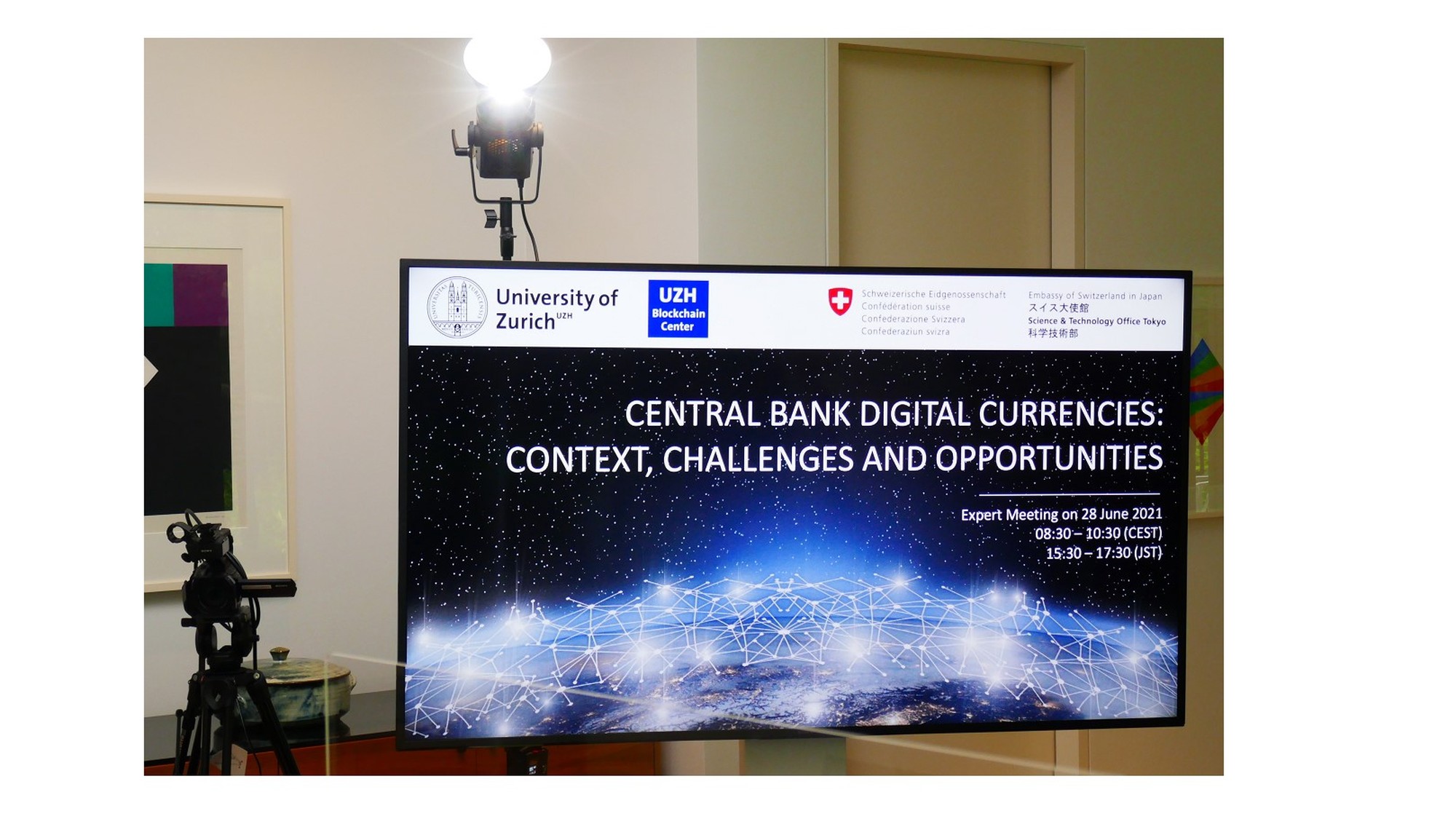 Legend: Experts exchanged on Central Bank Digital Currencies connecting Zurich and Tokyo. Photo by: S&T Office Tokyo