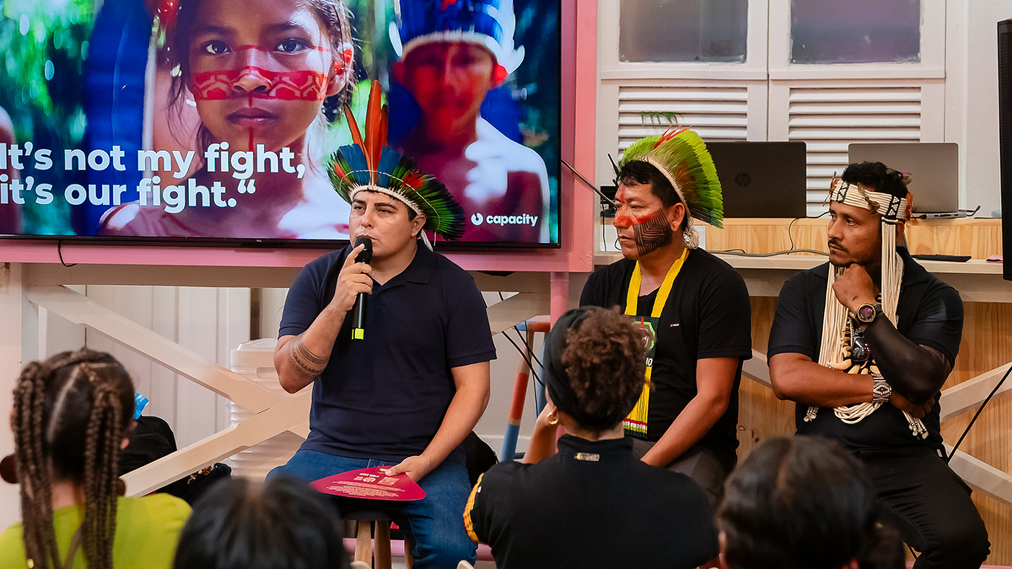 Amazonian-indigenous-leaders-and-the-Capacidade-Foundation-at-a-session-at-the-Planetary-Embassy-during-COP30-in-Belém.-Photo-by-Lorena-Fadul