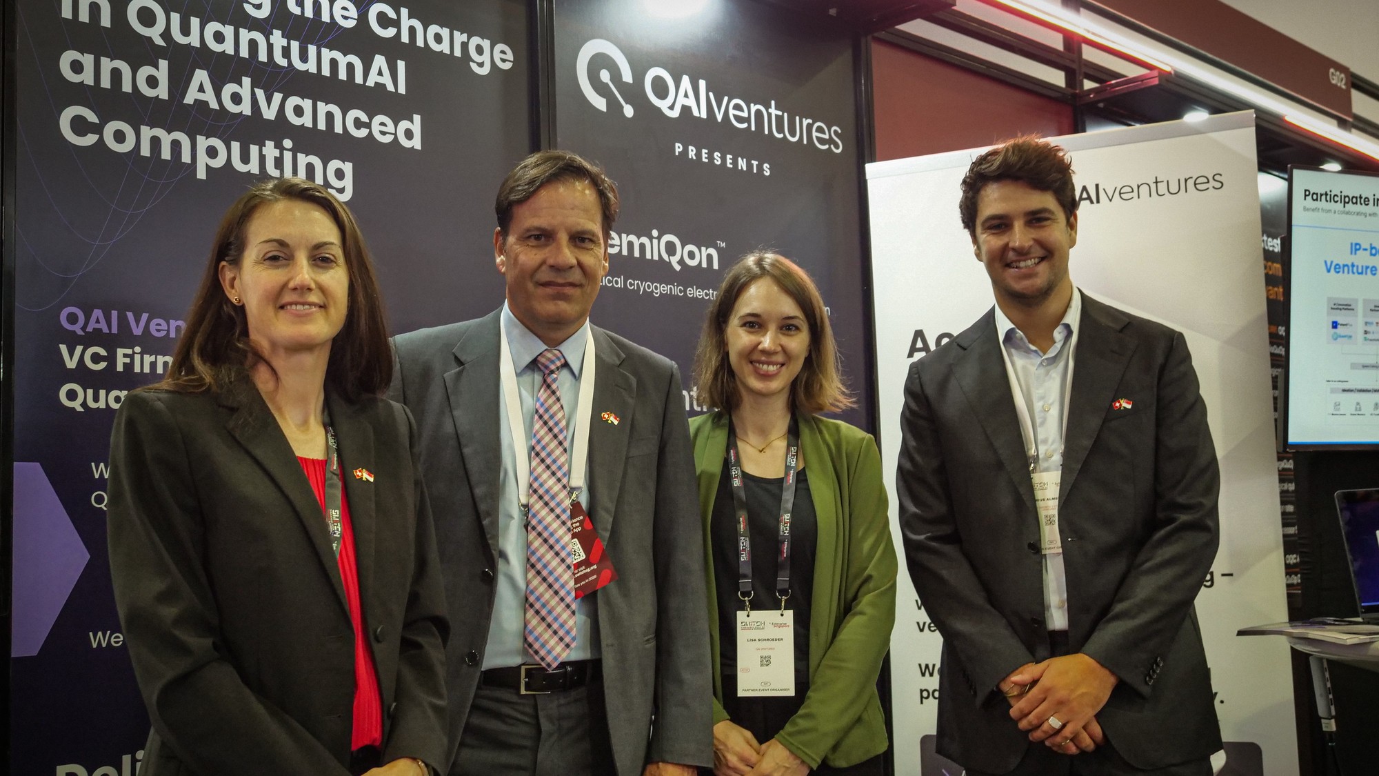 QAIVentures presence at SWITCH Conference; from left to right Dr Regula Kurzbein, Ambassador Frank Grütter, Associate Managing Director Lisa Schroeder, Director of Global Ecosystem and Growth Marius A