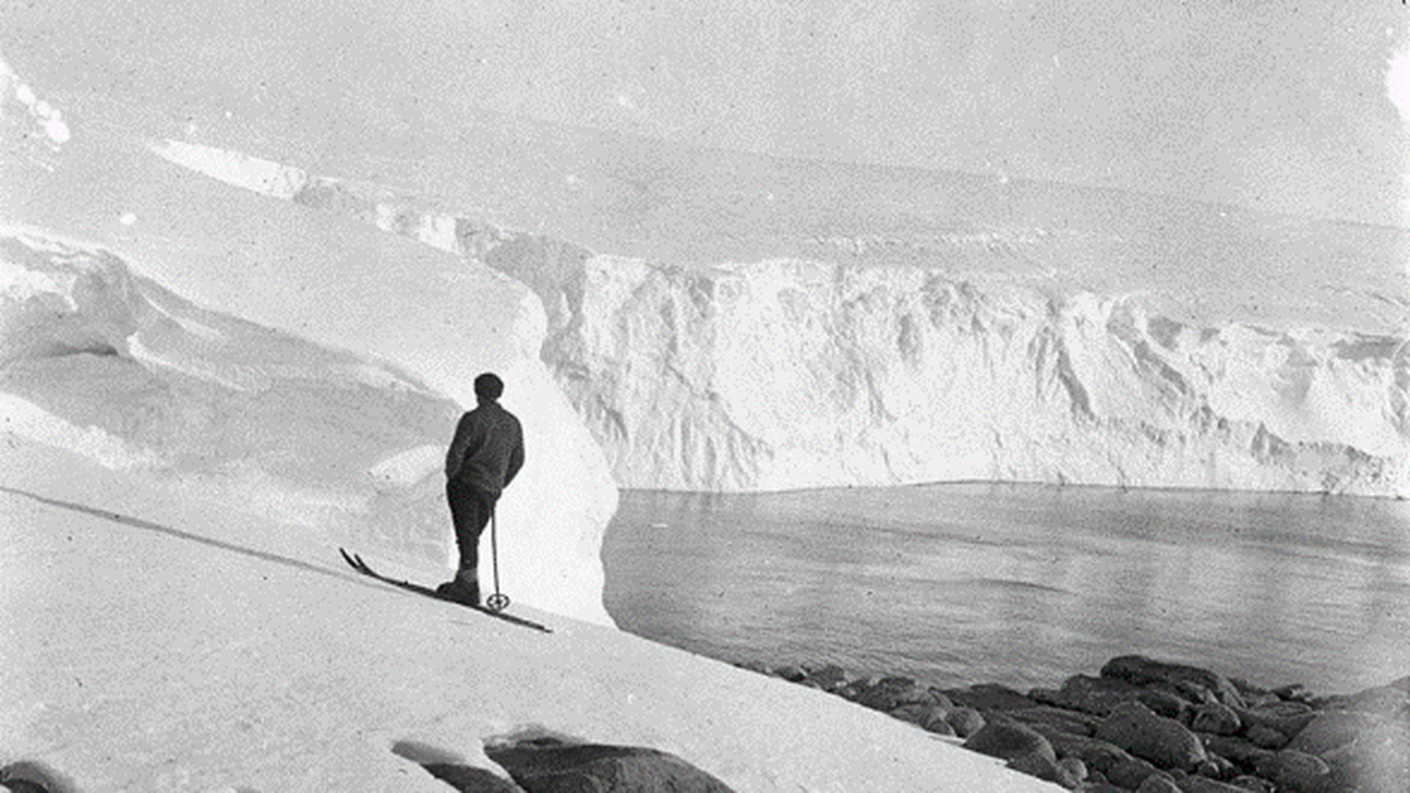 ‘The ice cliff at Land’s End. Xavier Mertz on skis’ © Mertz, Xavier (1913), from the collections of the State Library of New South Wales