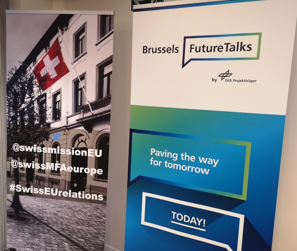 Welcome banners for joint event on Science Diplomacy by the Swiss Mission to the EU and the DLR Project Management Agency ©Swiss Mission to the EU