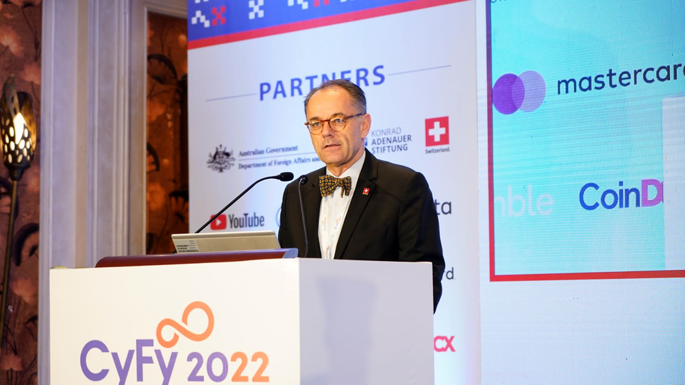 H.E. Ambassador Benedikt Wechsler speaking at the CyFy 2022