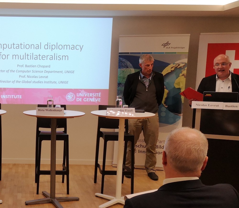 Key note presentation by Profs. Bastien Chopard (left) and Nicolas Levrat (right), both Universty of Geneva, at the Science Diplomacy Event at the Swiss Mission to the EU on 26. January 2023©Swiss Mission to the EU